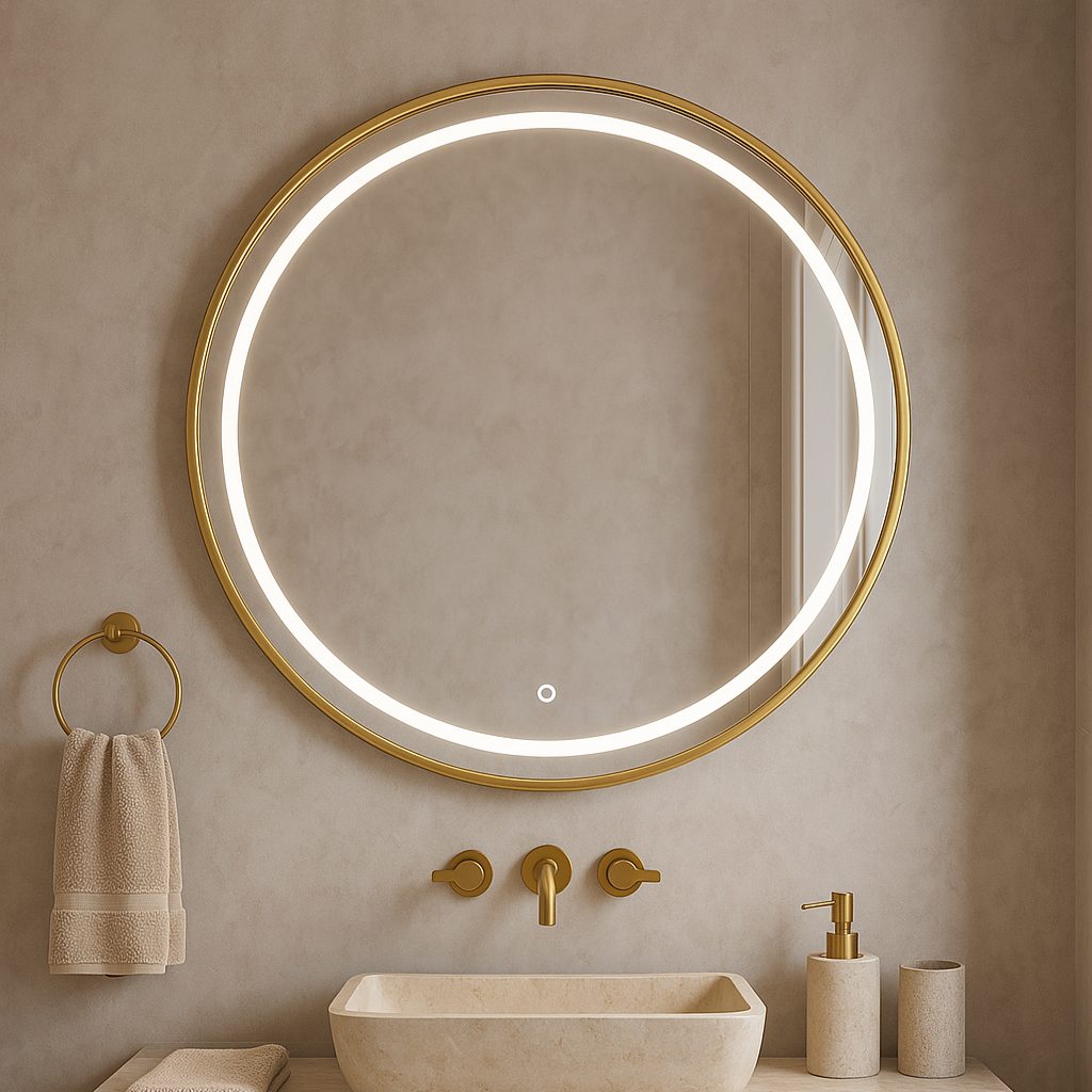 Circular Front Lit Mirror | Brushed Gold Frame