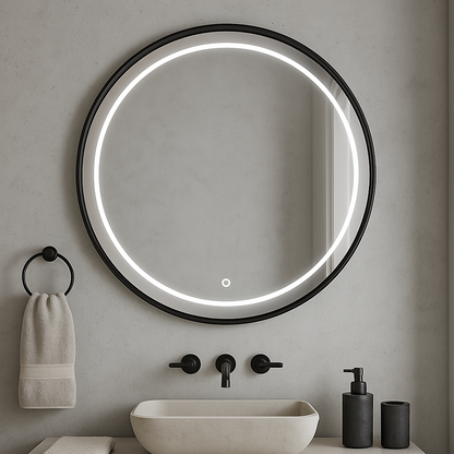 Circular Front Lit Mirror | Black Frame
