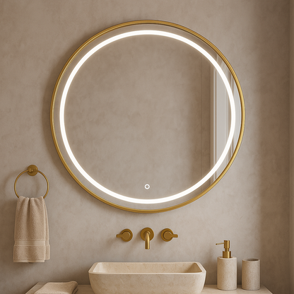 Circular Front Lit Mirror | Brushed Gold Frame